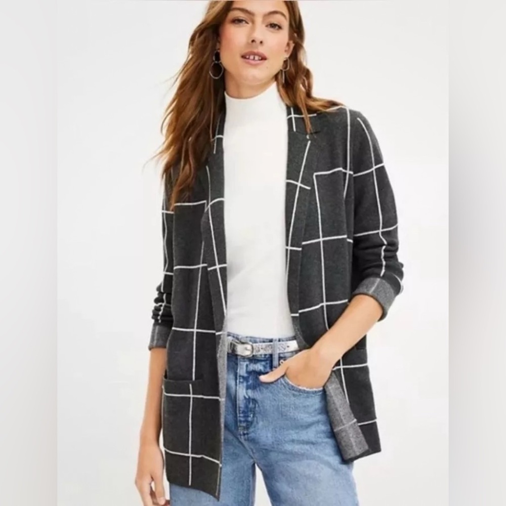 LOFT 💯% Cotton Gray Windowpane Checked Blazer